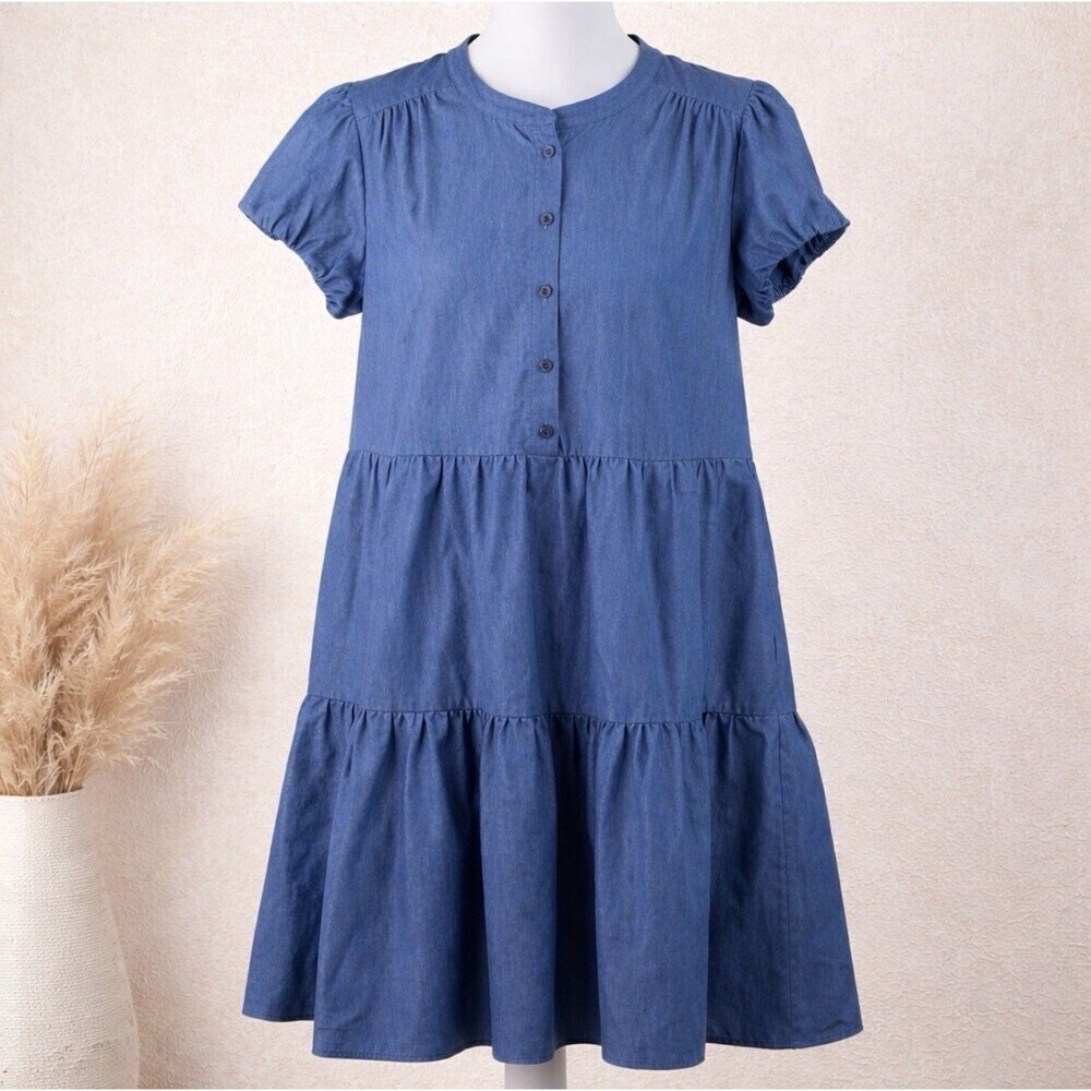 London Times Blue Chambray Tiered Sleeve A-Line Dress Minimal Boho Size 14